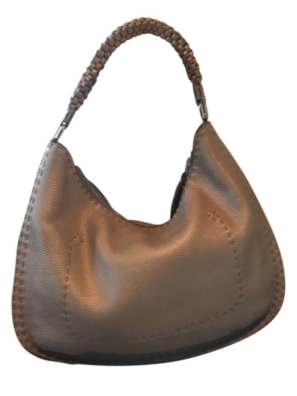 Fendi Selleria Metallic Pewter Leather Hobo with Woven Handle